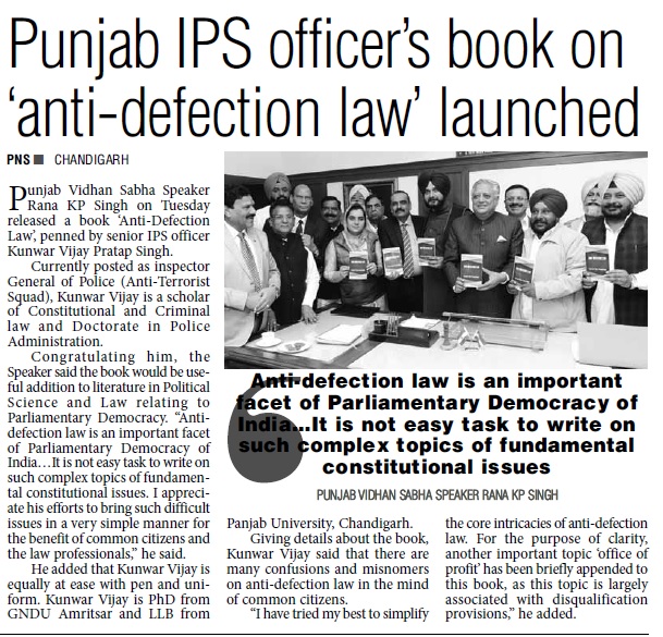 "Anti-Defection Law" a book by Kunwar Vijay Pratap Singh released by the Speaker of Punjab Vidhan sabha